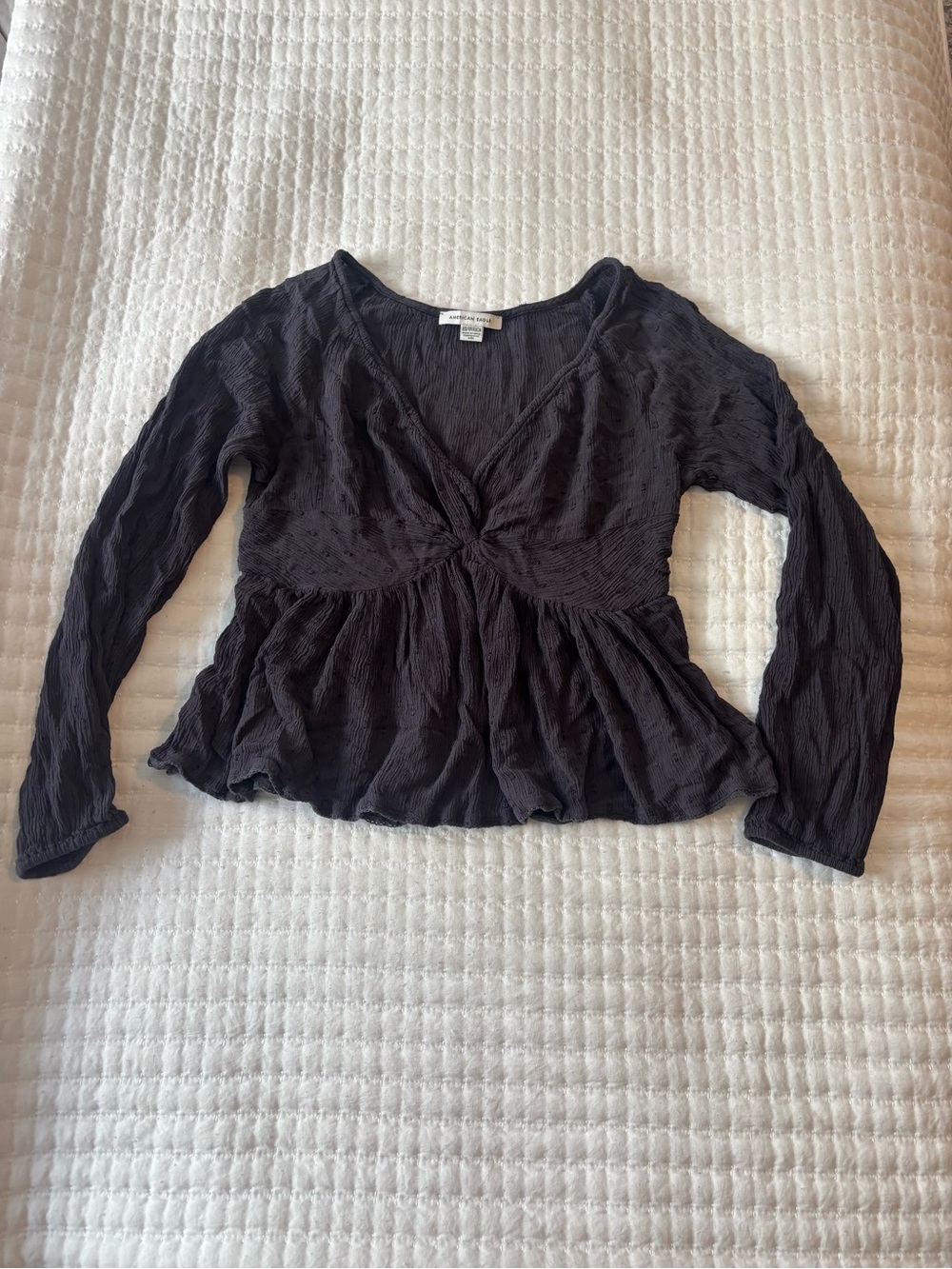 American Eagle Outfitters Black Crinkled V-Neck Peplum Top